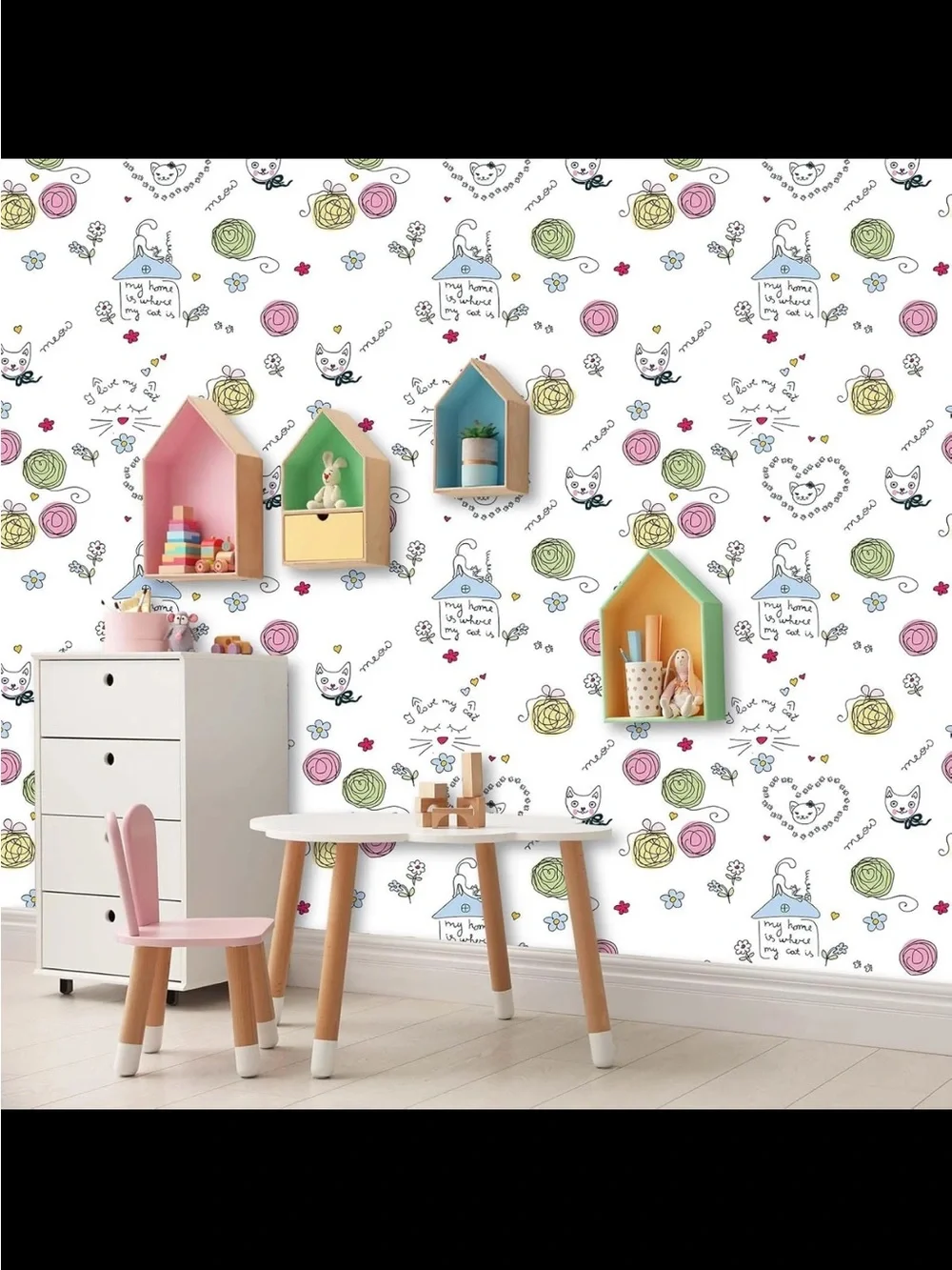 3 Rolls of Cute Cat & Floral Pattern Print Peel and Stick Wallpaper